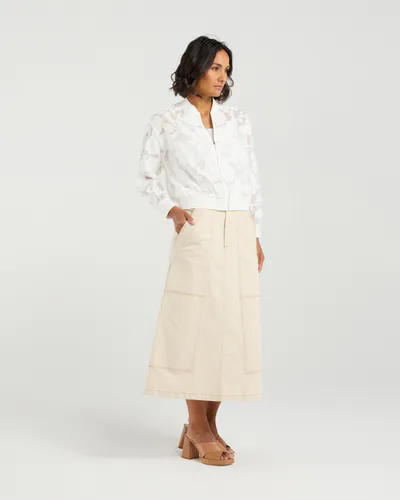 Model wearing Ivory Florals Skylar Bomber By Et Alia Available at Beetees Nelson